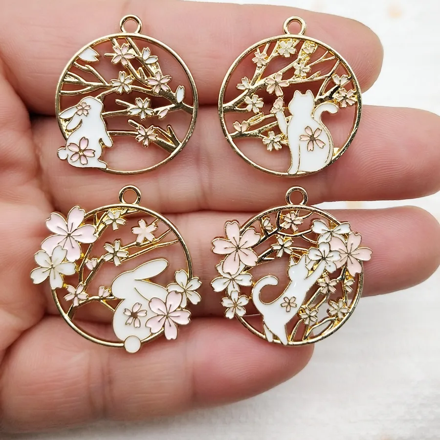 10pcs Flower Rabbit Cat Charm Jewelry Accessories Diy Making Enamel Necklace Earring Pendant Keychain Metal Gold Plated