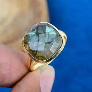 Authentic Labradorite Cushion Ring: Gold Plated 925 Sterling Silver