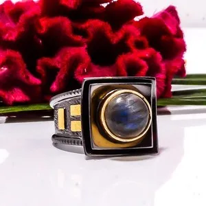 Authentic Labradorite Black And Gold Plated 925 Sterling Silver Ring s.6 Su52, Christmas