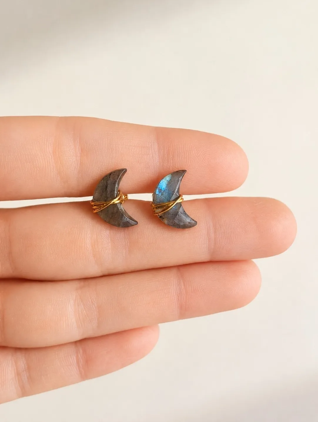 Authentic Celestial Crescent Moon Labradorite Studs in Radiant Gold