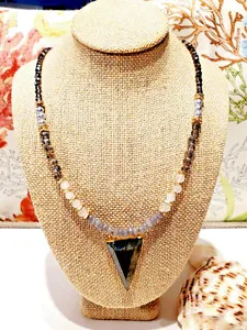 Authentic Luminous Labradorite Triangle Gold‑Plated Necklace with Pearls – Handcrafted Mystic Charm