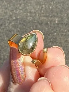 Authentic Labradorite Teardrop Natural Stone Ring Gold Plated Y-Shaped Band