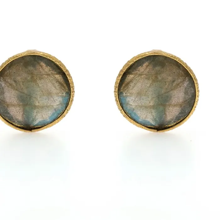 Authentic Gold Plated Labradorite Stud Earrings - Round Checkerboard Pierced