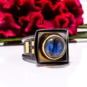 Authentic Labradorite Black, Gold Plated 925 Sterling Silver Ring s.5.5 Su42, Christmas