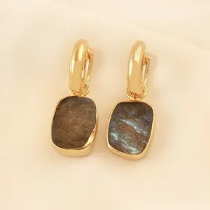 Authentic Multi Fire Labradorite Gold Plated Minimalist Statement Collate Clip On Earring