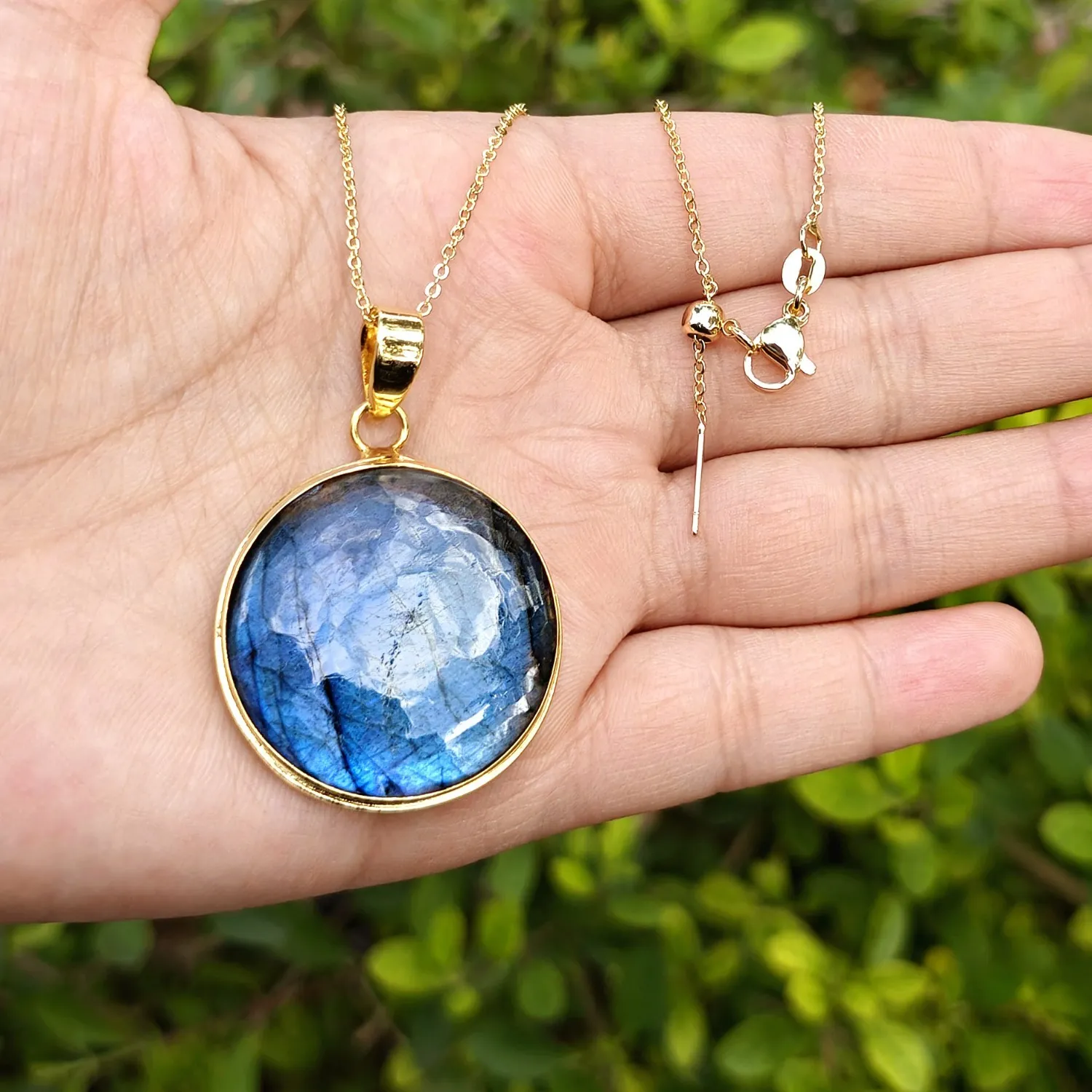 Authentic Boho Labradorite Round Pendant Necklace 18K Gold Plated for Her