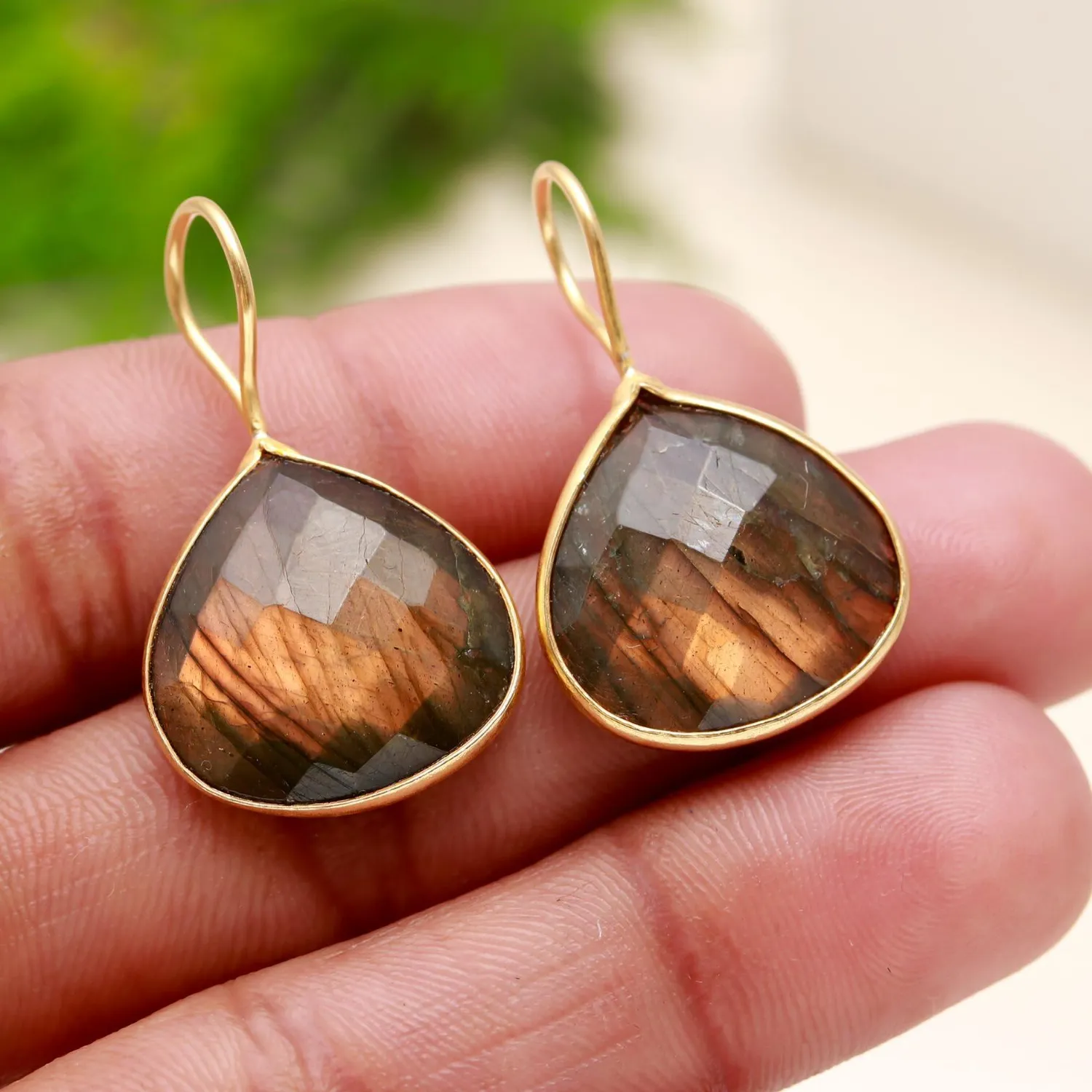 Authentic Labradorite Gemstone Handmade Gold Plated Drop 925 Sterling Silver Earring 1.3"