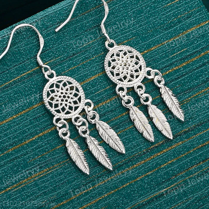 Authentic Whispers of the Night Veil: Silver Feather Dream Catcher Earrings