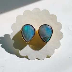 Authentic Pear cut labradorite bezel stud earrings yellow gold plated