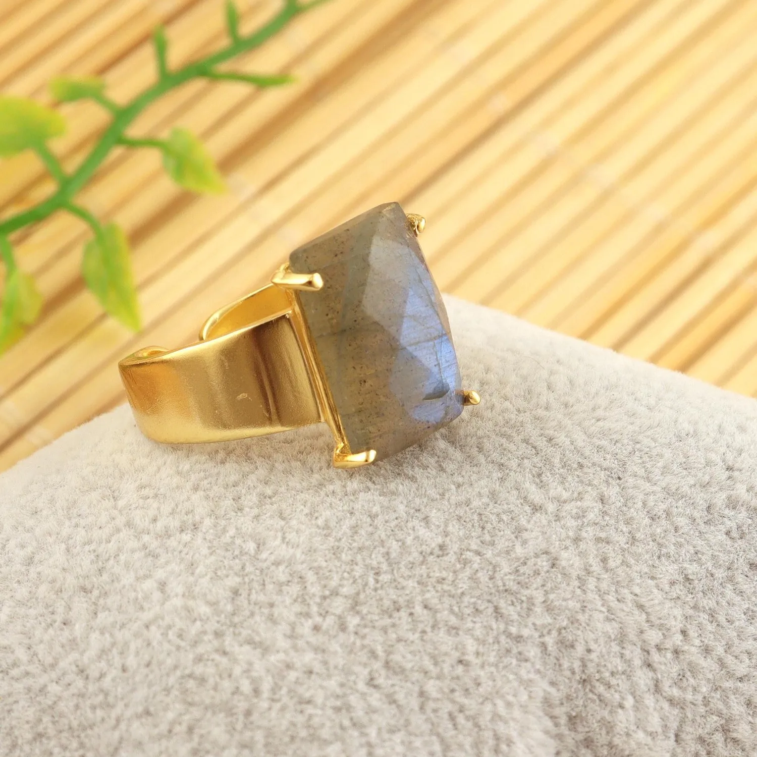 Authentic Fire Labradorite Yellow Gold Plated Prong Setting Statement Adjustable Ring