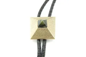 Authentic Gold Plated Pyramid Labradorite Stone Western Cowboy Rodeo Leather Neck Bolo Tie