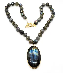 Authentic Rarities 20" Gold plated Aura coated faceted labradorite sterling silver necklac