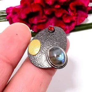 Authentic Guardian of the Night Sky: Labradorite, Red Garnet & Black Gold Plated Sterling Silver Ring