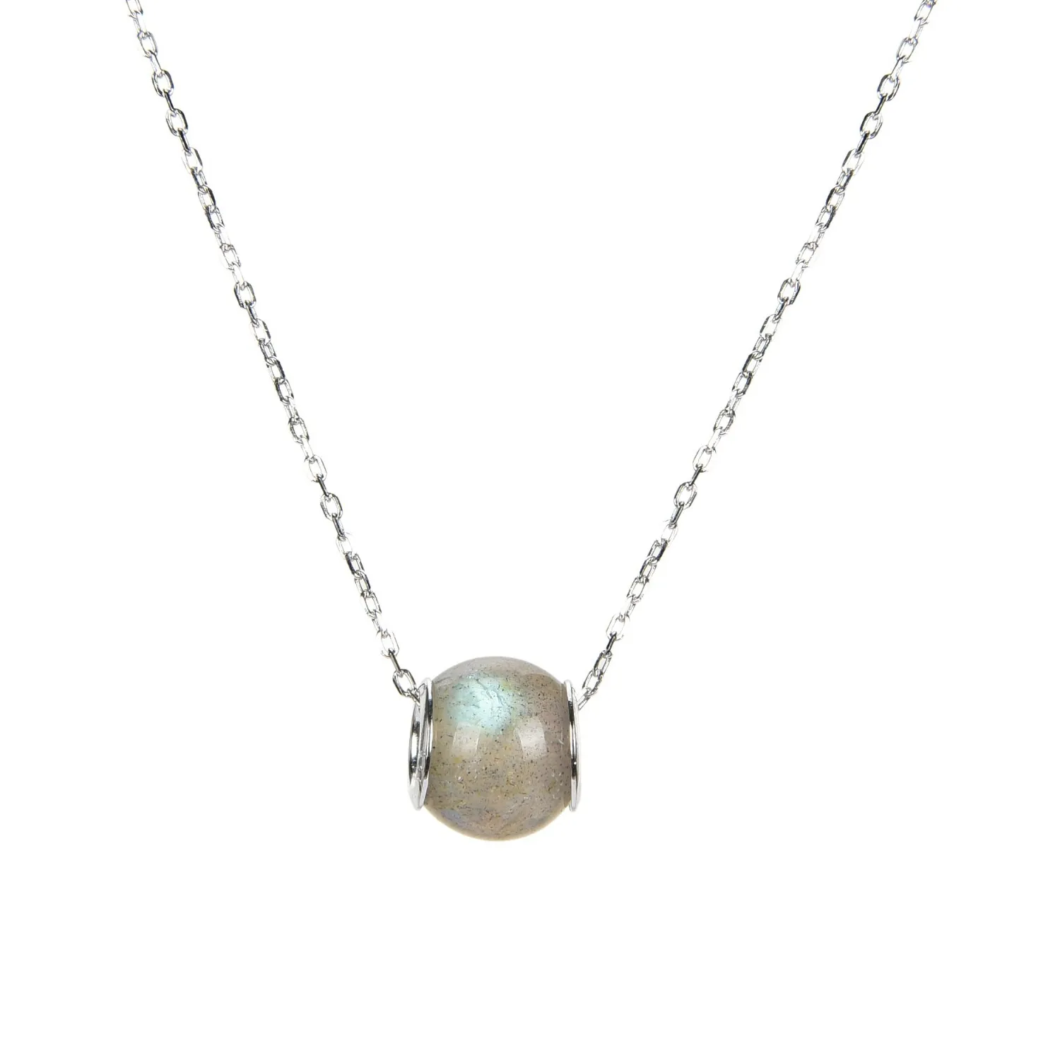Authentic 14K White Gold Plated 10MM Labradorite Bead Solitaire Necklace