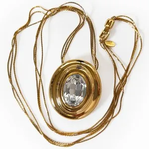 Authentic Vintage Givenchy Bijoux Gold Plated Clear Crystal Pendant Necklace France 1980s