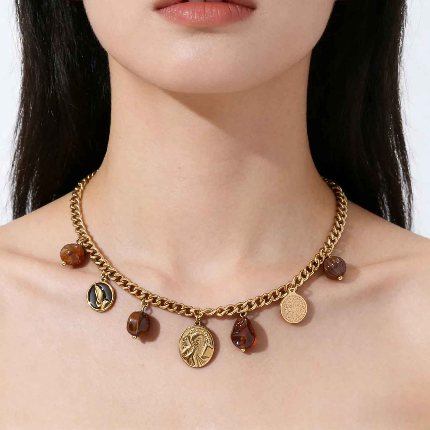 Authentic 1pc Gold Plated Religious Charm Necklace with Amber Beads Adjustable Chain Jewelry Gift for Women Men