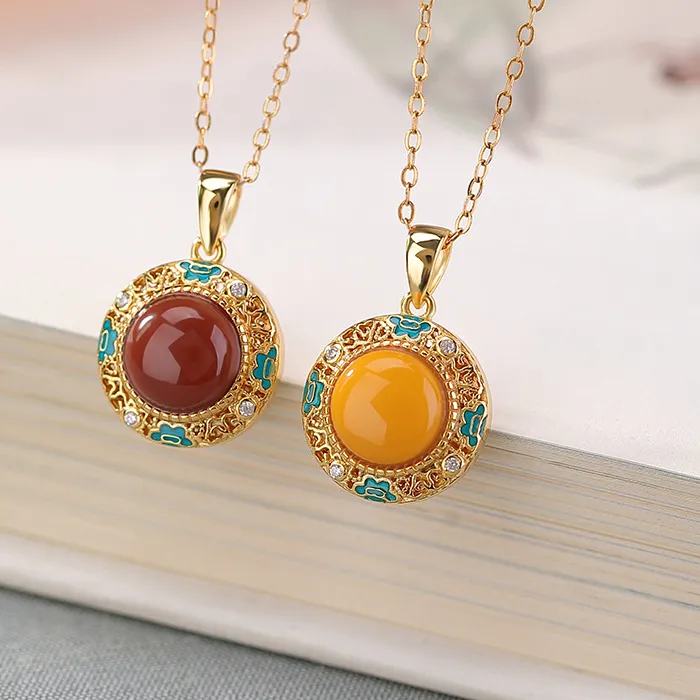 Authentic S925 Sterling Gold-Plated Red Agate Amber Pendant Round Peace Silver Hanging Ornament