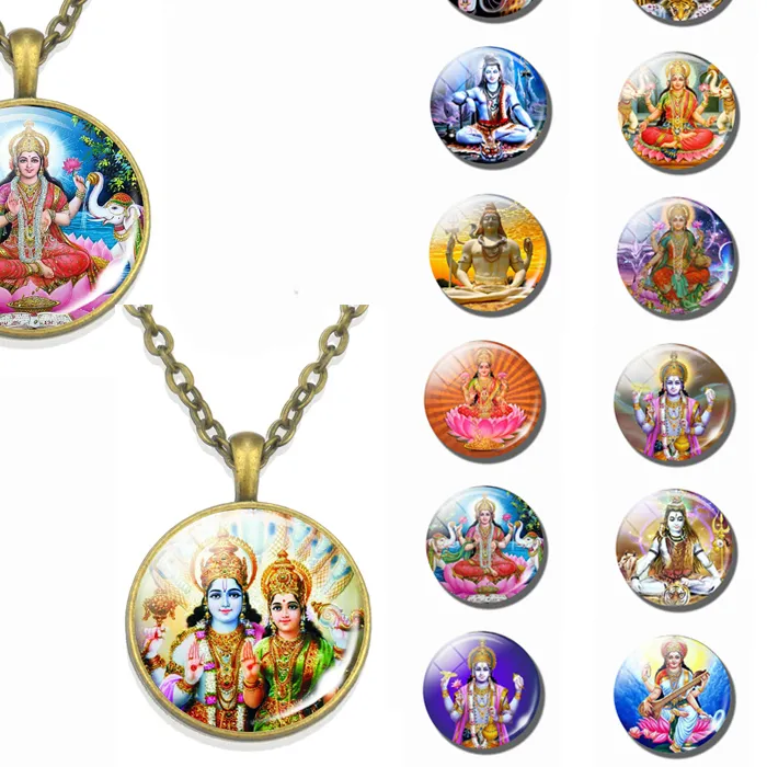 Authentic Lakshmi Goddess Pattern Bronze Pendant Necklace Hinduism God Ganesh Glass Cabochon Jewelry Necklace Amulet