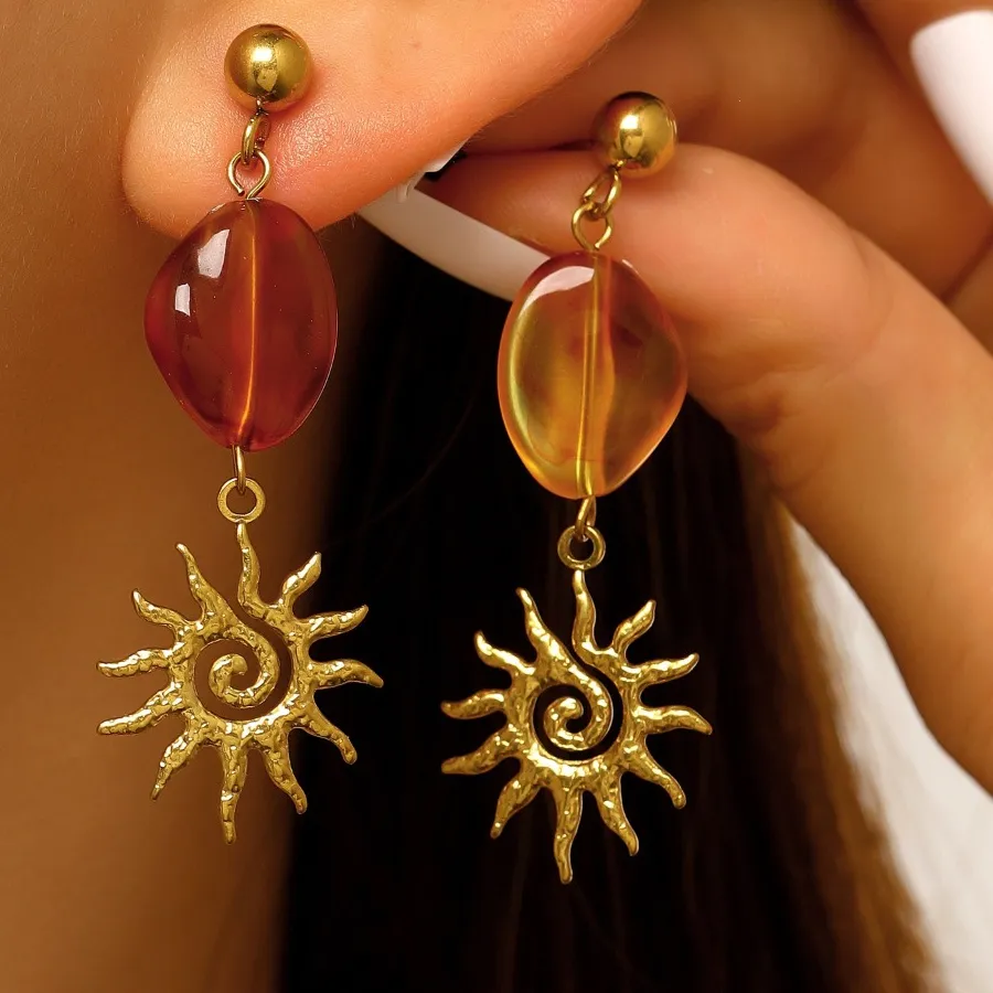 Authentic Radiant Solstice Sun Face Gold and Amber Glass Talisman Earrings