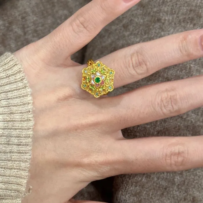 Authentic Light Palace Style Enamel Green Flower Rings Antique Gold Craftsm Diamond Inlaid Ring Jewelry