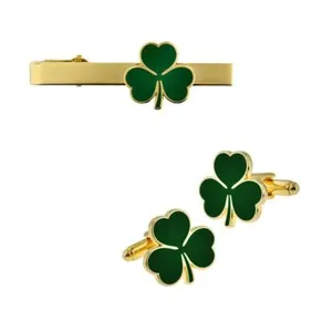 Authentic PinMart's Gold Plated Green Shamrock Clover Tie Clip and Cufflink 2 Piece Bundle
