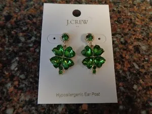 Authentic J.CREW Clover Shamrock 🍀 Earrings Green Gem Statement Gold Plated