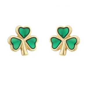 Authentic Solvar Shamrock Stud Earrings Women's Medium Gold Plated & Enamel Irish Blessing