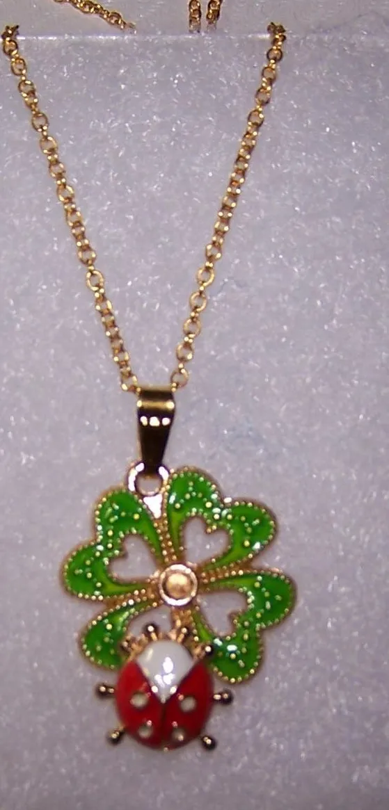 Authentic LADYBUG CLOVER SHAMROCK gold plated 18" K necklace WOMEN charm mom female