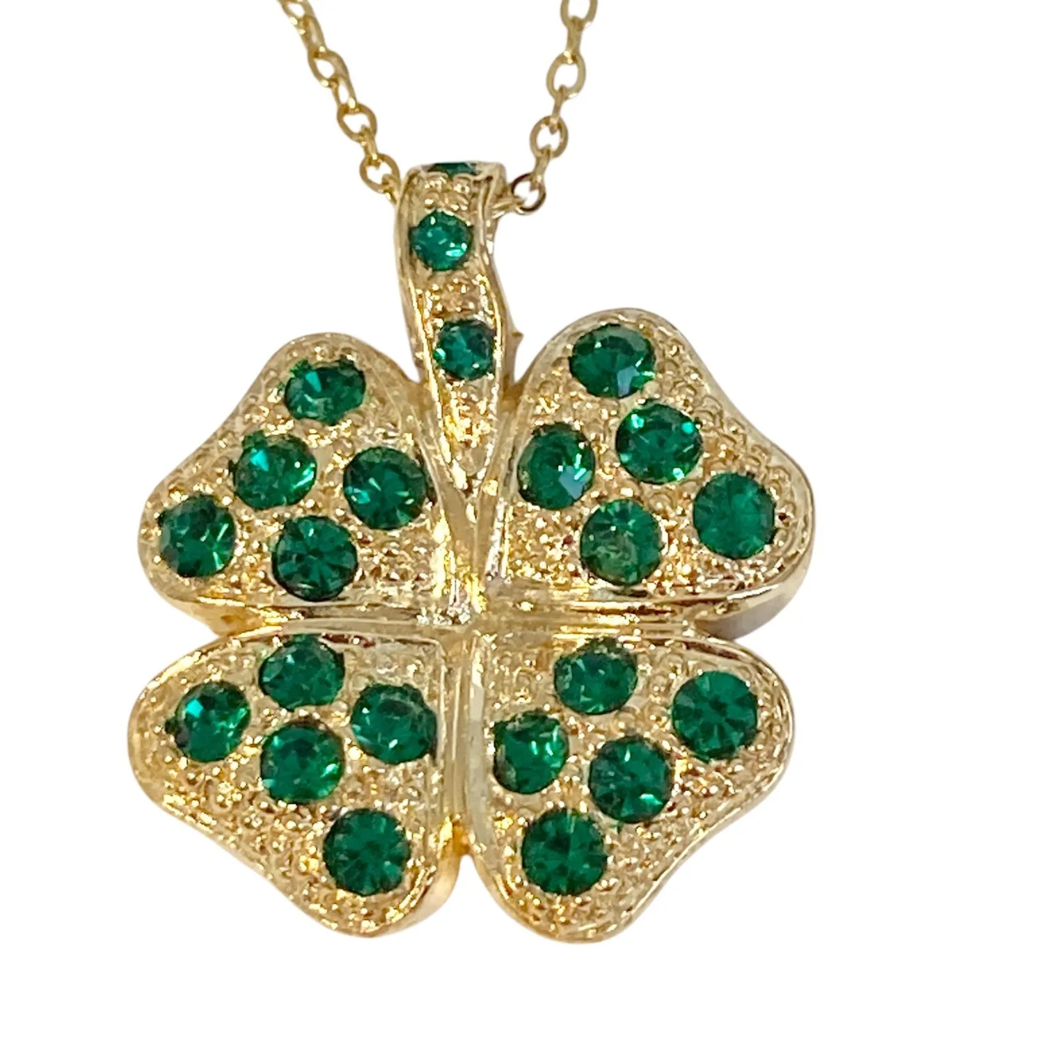 Authentic Vintage Shamrock Pendant Necklace Irish Clover Green Crystals Gold Plated 17"