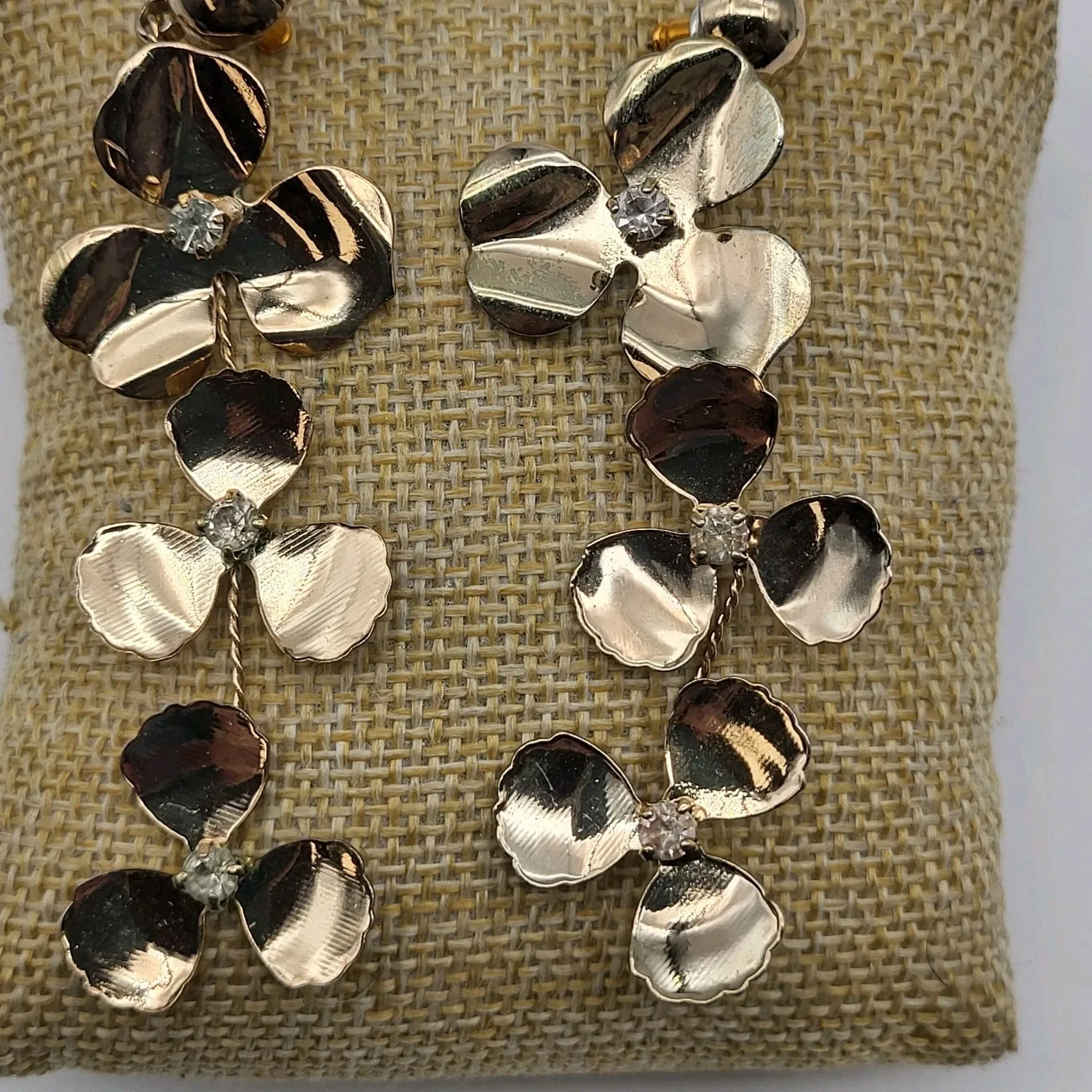 Authentic Fun Vintage gold plated rhinestone lucky clover shamrock earrings long statement