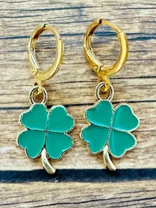 Authentic Huggie Hoop 18k Gold Plated Green Enamel St. Patrick Day Shamrock Earrings RTS