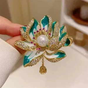 Authentic The Sacred Lotus White Pearl Brooch in Radiant 14K Gold