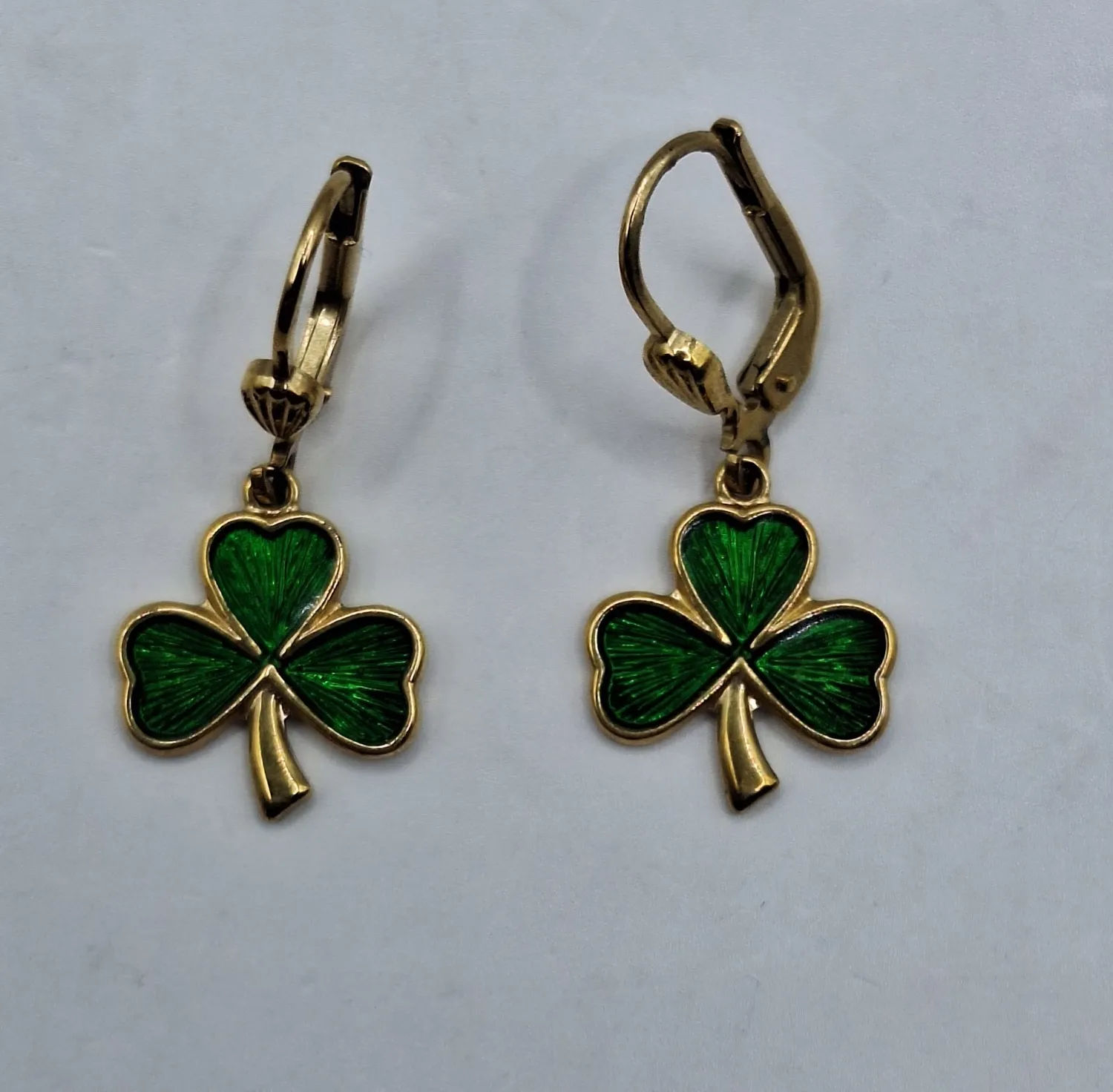 Authentic Solvar Shamrock Dangle Earrings Three Leaf Clover Green Enamel Gold Plated VGC