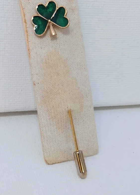 Authentic Sol D'Or Ireland Gold Plated & Green Enamel Stick Pin Shamrock St Patrick's Day