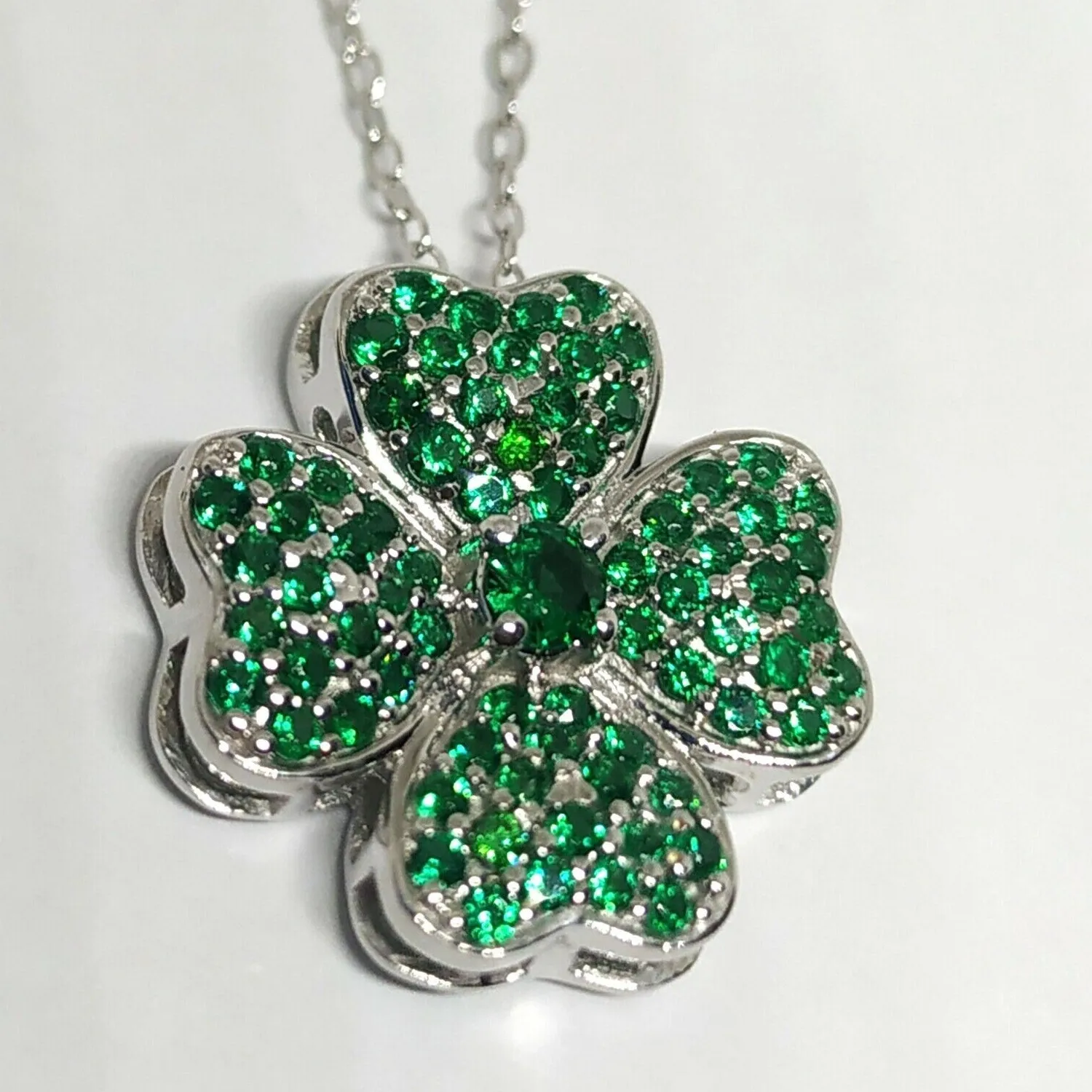 Authentic Round Cut Simulated Green Emerald Shamrock Pendant 18" in 14K White Gold Plated