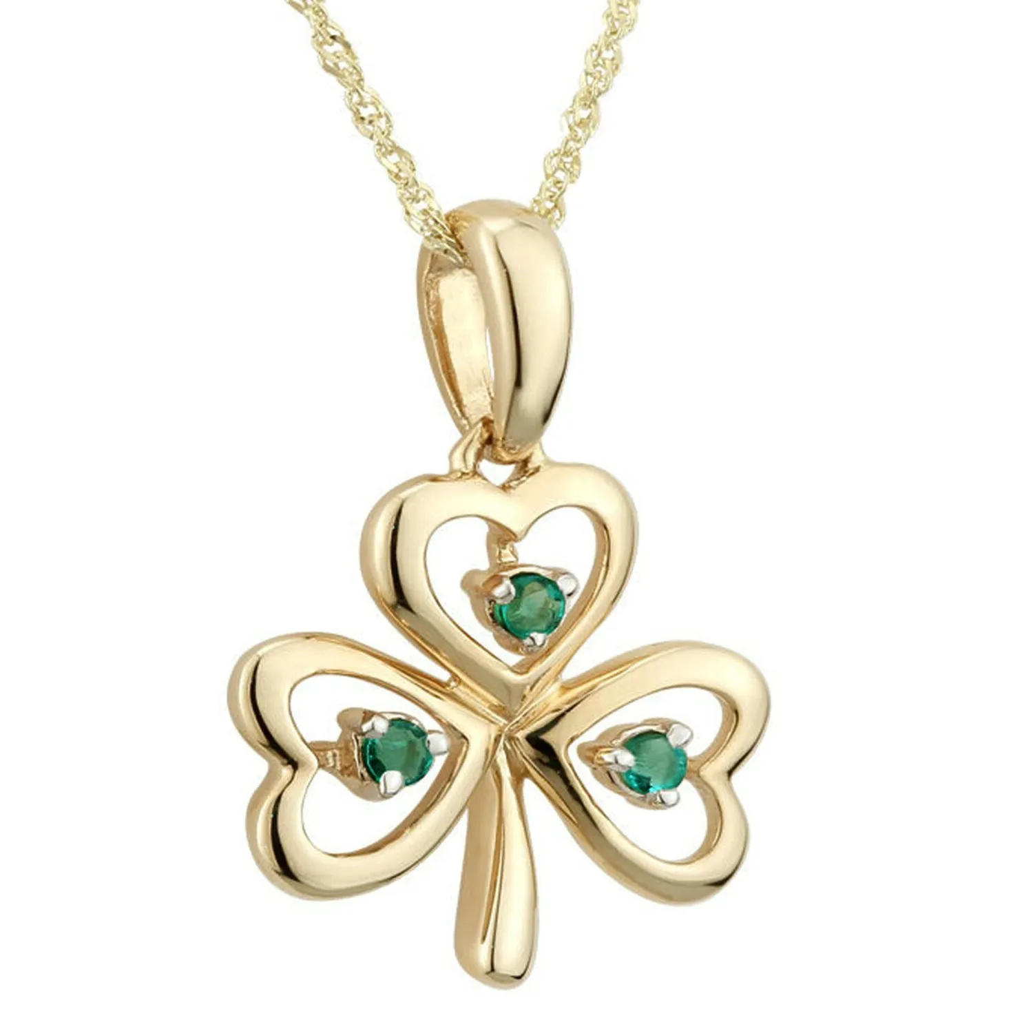 Authentic 14k Yellow Gold Plated Lab-Created Emerald Shamrock Pendant Necklace 18" Chain