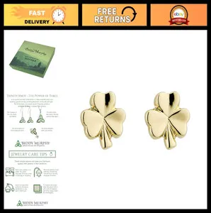 Authentic 10k Gold-Plated Irish Shamrock Earrings for Women, Celtic Studs, Lucky Jewelry