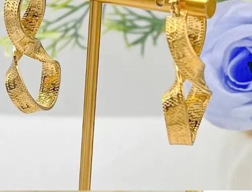 Authentic INFINITY TWIST HOOP DANGLE EARRINGS 18k YELLOW GOLD PLATED GREEK KEY DESIGN