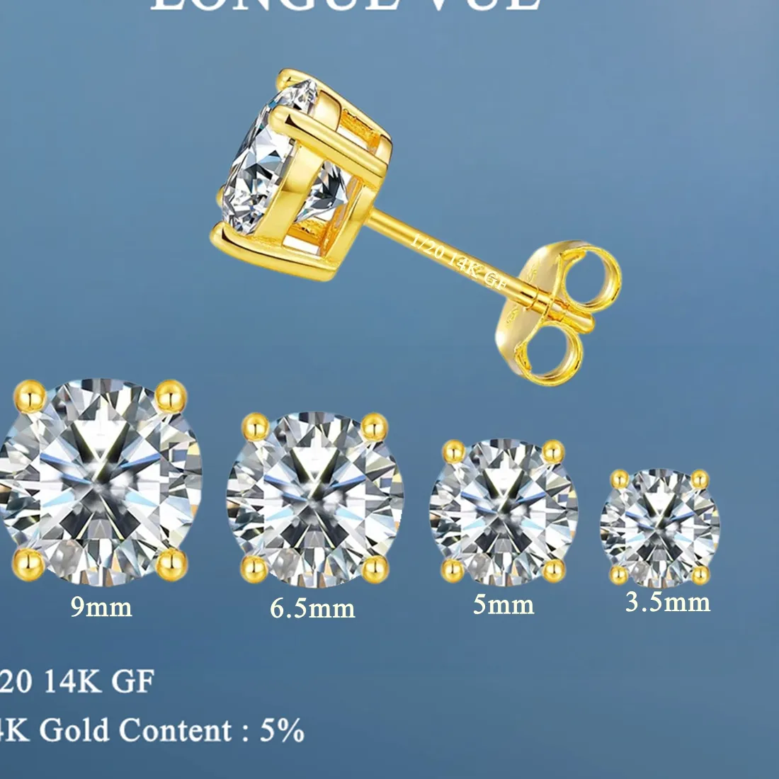 Authentic Non- Fade 14K Gold Filled Moissanite Stud Earring 100 Au585 Gold Sparkling Ear Stud Jewelry