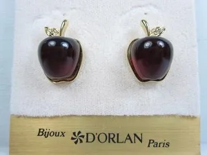 Authentic D'Orlan Gold Plated Pierced Apple Earrings with Enamel - 9602