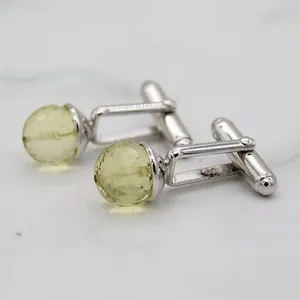 Authentic Radiant Solar Resonance Cufflinks in White Gold-Plated Sterling Silver and Lab-Grown Lemon Topaz