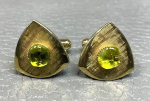 Authentic Vintage Triangular Apple Green Stone Yellow Gold Plated Cuff Links