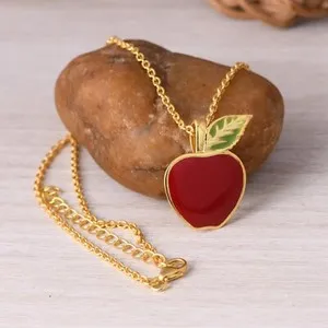Authentic Apple Pendent Necklace In Gold Plated 18 In Chain Red Enamel Kids Fruit Jewelry