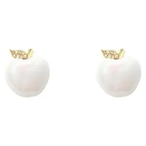 Authentic White Enamel And Gold Plated Apple With Rhinestones Inlay Stud Earring