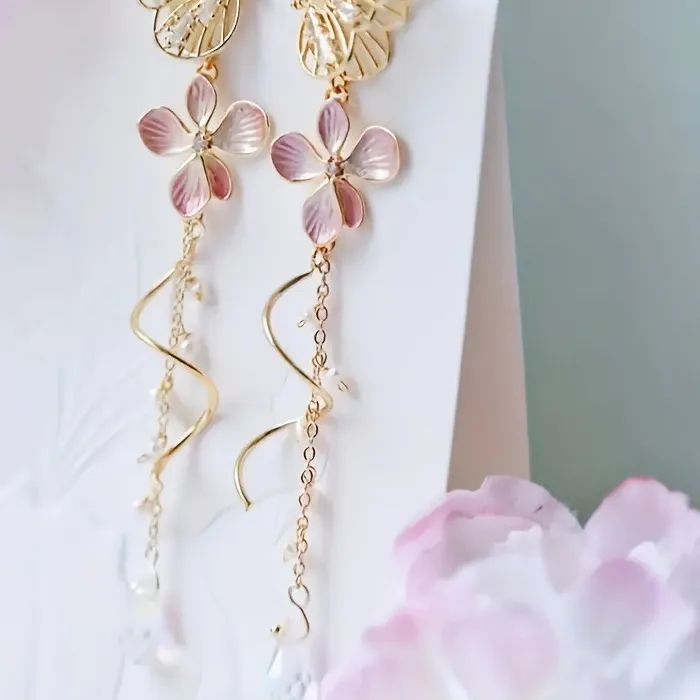 Authentic Ethereal Butterfly and Cherry Blossom Whispers Tassel Earrings