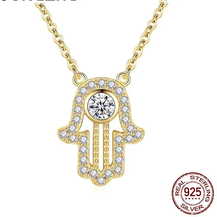 Authentic TONGZHE 925 Sterling Silver Hamsa Hand Necklace Lucky Fatima Pendant Long Necklace Women Jewelry Gold Chain Initial Necklace