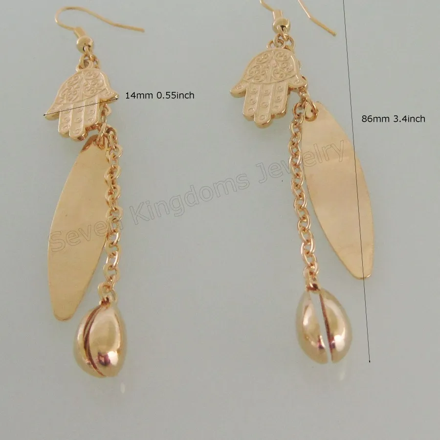 Authentic GORGEOUS TALL 3.4" YELLOW GOLD PLATED HAMSA HAND OVAL CHARM  RINGING BELL DANGLE  EARRING