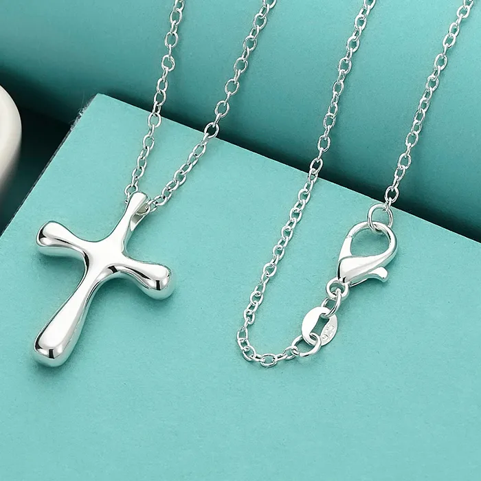 Authentic 925 Sterling Silver Smooth Cross 16-30 Inch Pendant Necklace For Women Wedding Jewelry