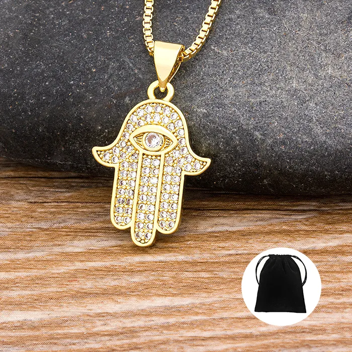 Authentic Women Men Hot Sale Hamsa Hand Necklace Gold Color AAA Zircon Evil Eye Pendant & Chain Hip Hop Turkish Lucky Jewelry Gifts