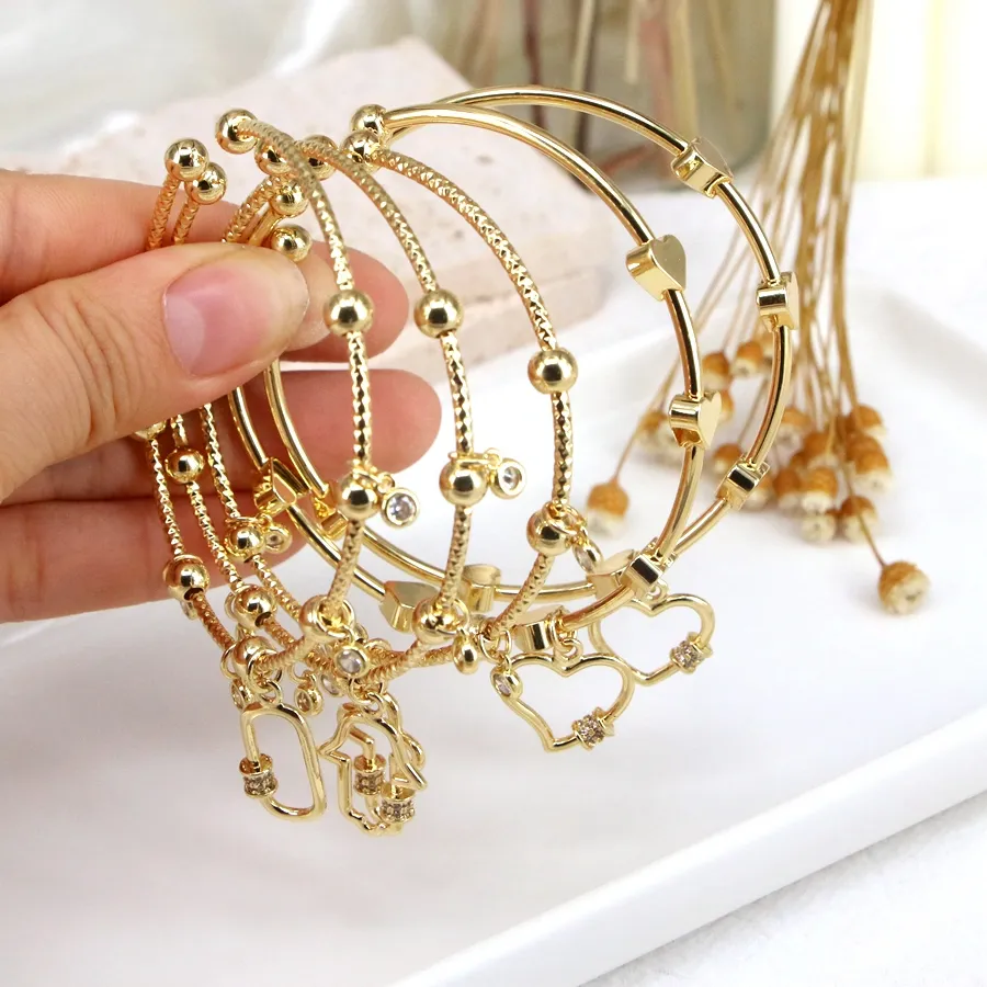 Authentic 5PCS, Trendy Heart Cross Hamsa Hand Gold Charm Bangle Bracelets for Women Gold Plated Bracelet Accessories
